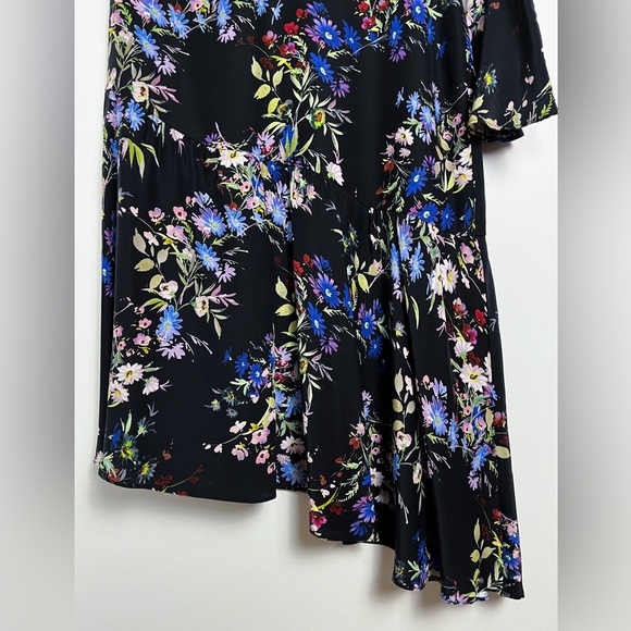Parker One Sleeve Silk Black Asymmetric Ruffle Dress 6 Dark Floral Flounce - Picture 5 of 12